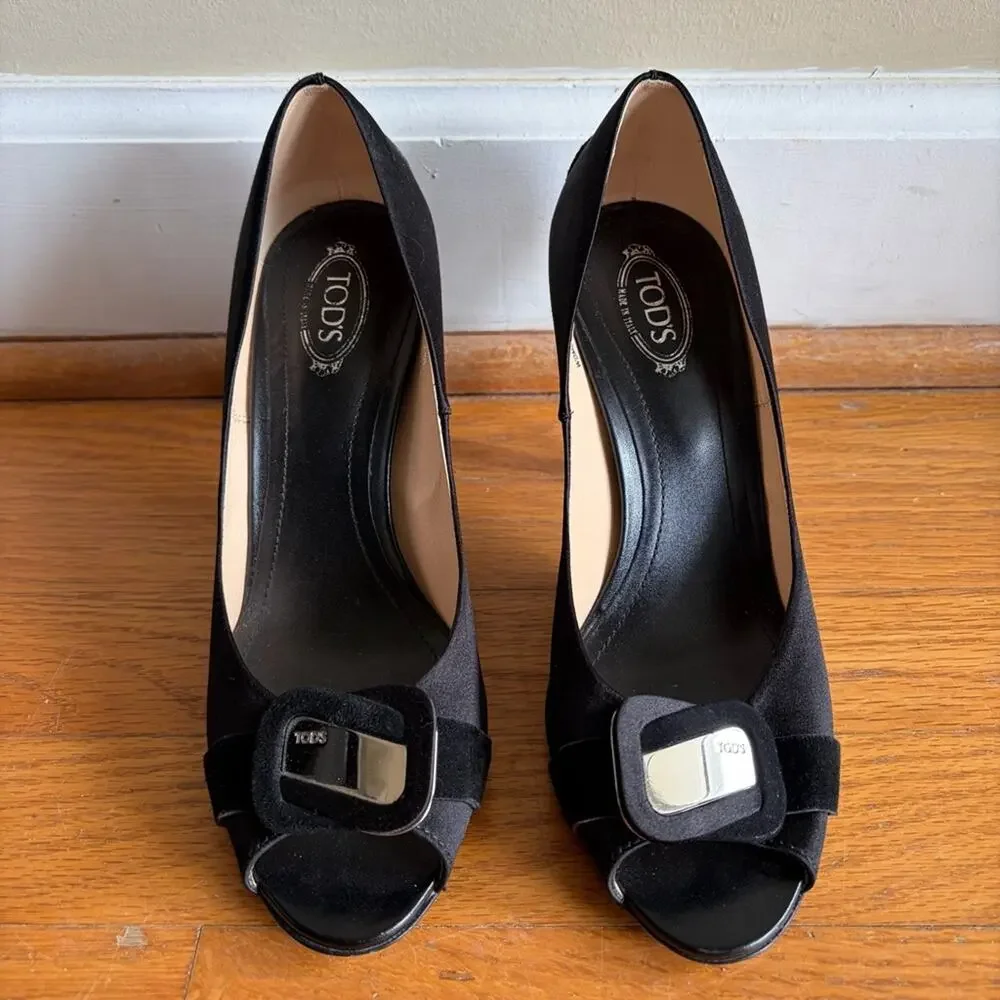 Tod’s | Leather Peep Toe Pumps Heels Mirror Detail Formal Classic Black Size 6.5